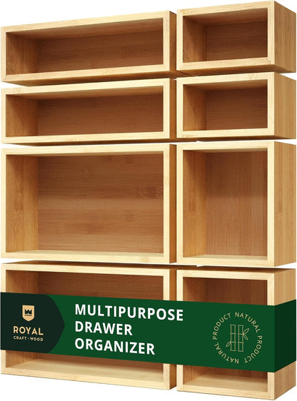 ROYAL CRAFT WOOD 5-Piece Bamboo Drawer Organizer Set – Multi-Use Storage Trays for Kitchen, Bathroom, Office, Makeup, Jewelry & More – Junk Drawer Tray, Utensil Holder, Storage Box & Bin Set (5 Boxes)