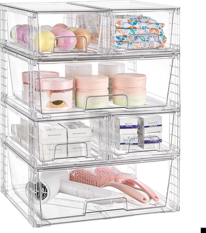 Vtopmart 3 Pack Stackable Storage Drawers, Easily Assemble Acrylic Bathroom Undersink Organizers,Clear Plastic Storage Bins for Closet,Cabinet,Pantry,Medicine Organization