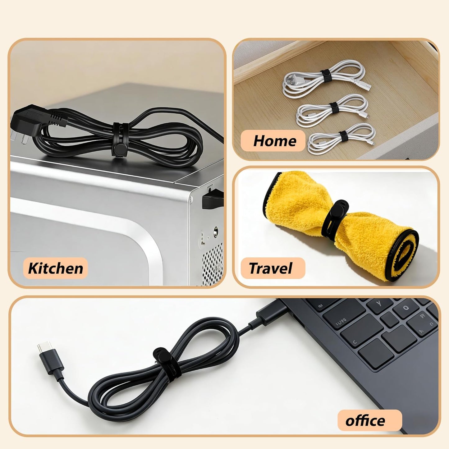 360° Rotatable Cord Organizer Set, 10 Pack Cable Holders & Silicone Cable Straps, Adhesive Wire Fixer for Desk Phone Charger, Nightstand Cable Management for Home Travel Office Accessories Black