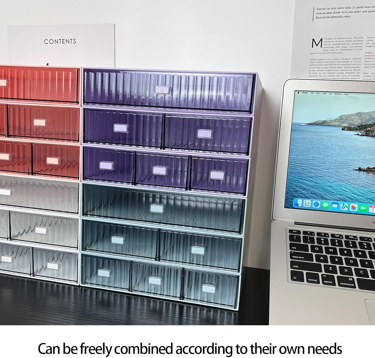 Desk Drawer Organizer, Stackable Plastic Storage Drawer, Grocery Organizer For Stationery/Office Supplies (Blue, 3 Compartment)
