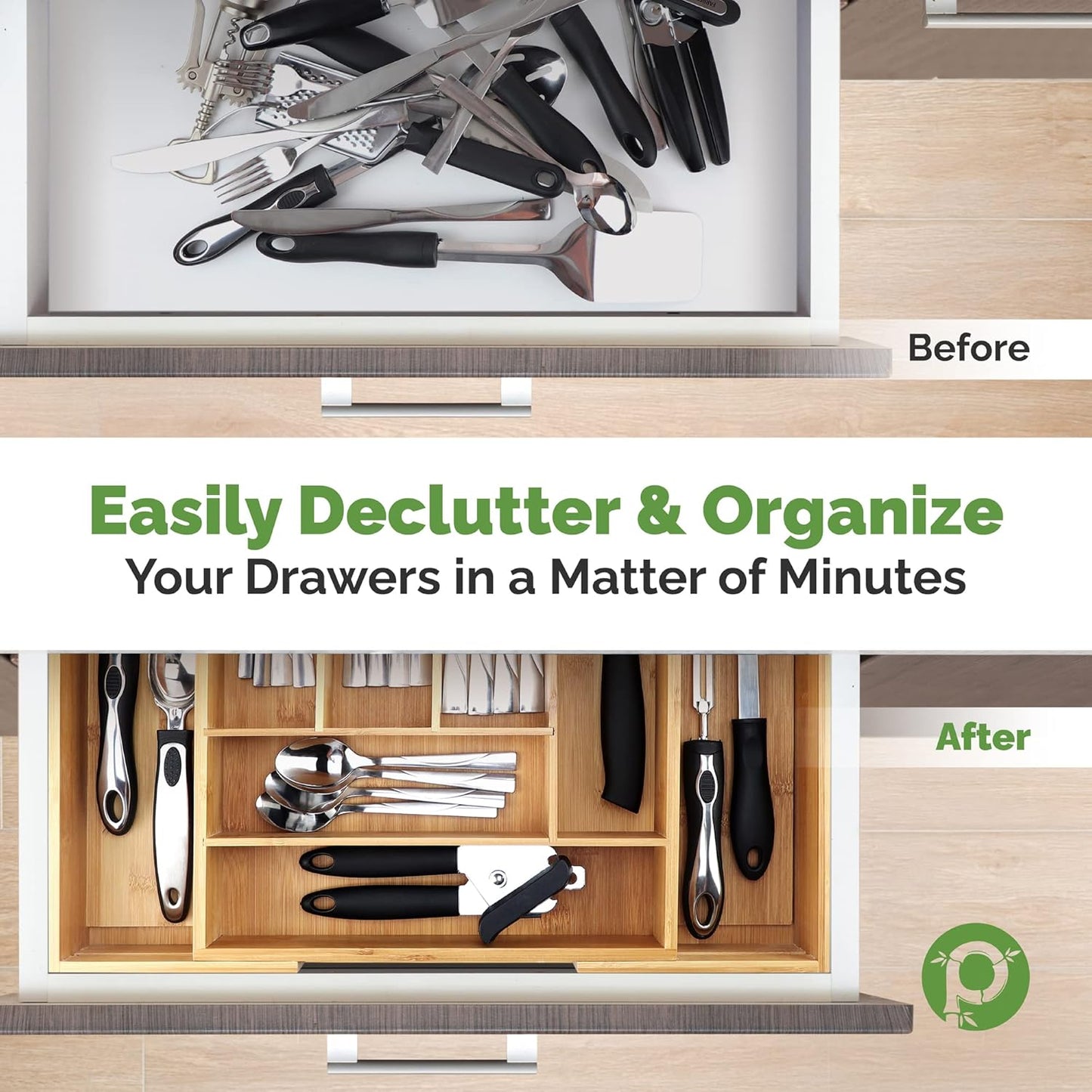 Pristine Bamboo Expandable Drawer Organizers for Kitchen - Extra Deep Non-Slip 17” x 14.6” (expands up to 25 inches) - Dark Wooden Silverware Divider (10 Compartments) – Organize Cooking Utensils