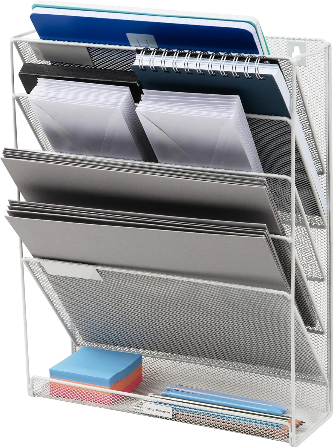 Mind Reader 5-Pocket Vertical File Storage, Desktop Organizer, Wall Mount, Office, Metal Mesh, Pink