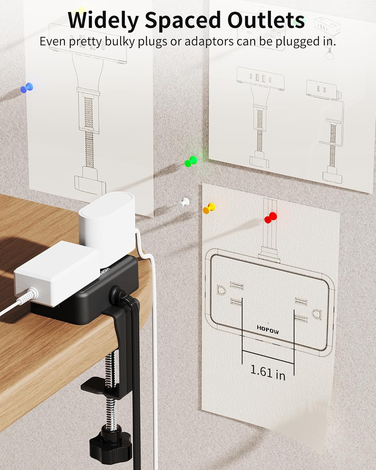 HOPOW Desk Clamp Power Strip, Desktop Mount Charging Station with 4 Outlets 4 USB Ports (2 USB C), 10Ft Under Desk Power Strip, Fits 2.75" Tabletop Edge, Extension Cord for Home Office, Black