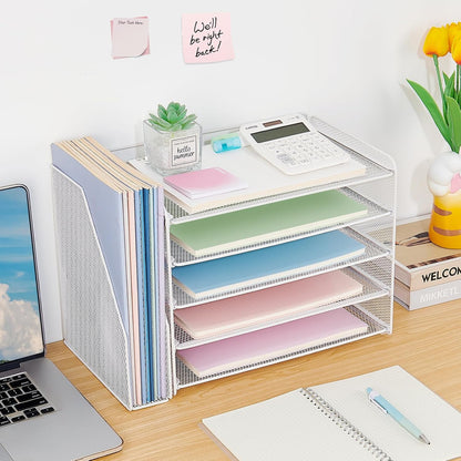 OPNICE Desk Organizer, 5-Tier Paper Organizer Letter Tray with Magazine Holder, Office Desk Accessories & Workspace Organizers, Desktop File Organizer for Office Supplies Storage, Black