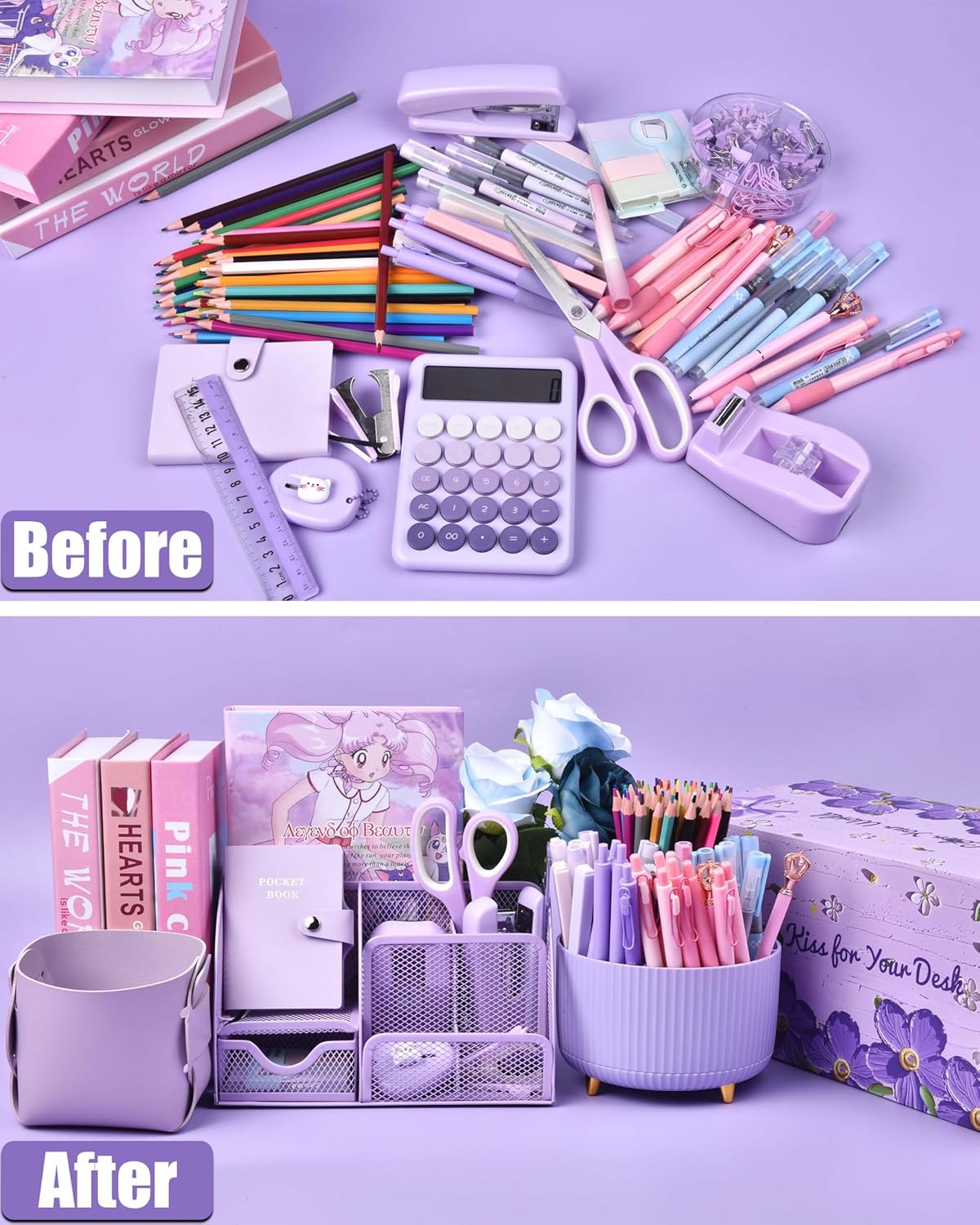 LXEVIHK 21Pcs Pink Desk Organizers and Accessories With Mesh Desk Organizer and 360°Rotating Pen Holder and a Lot of Office Pink Office Supplies Beautifully Presented in a Gift Box