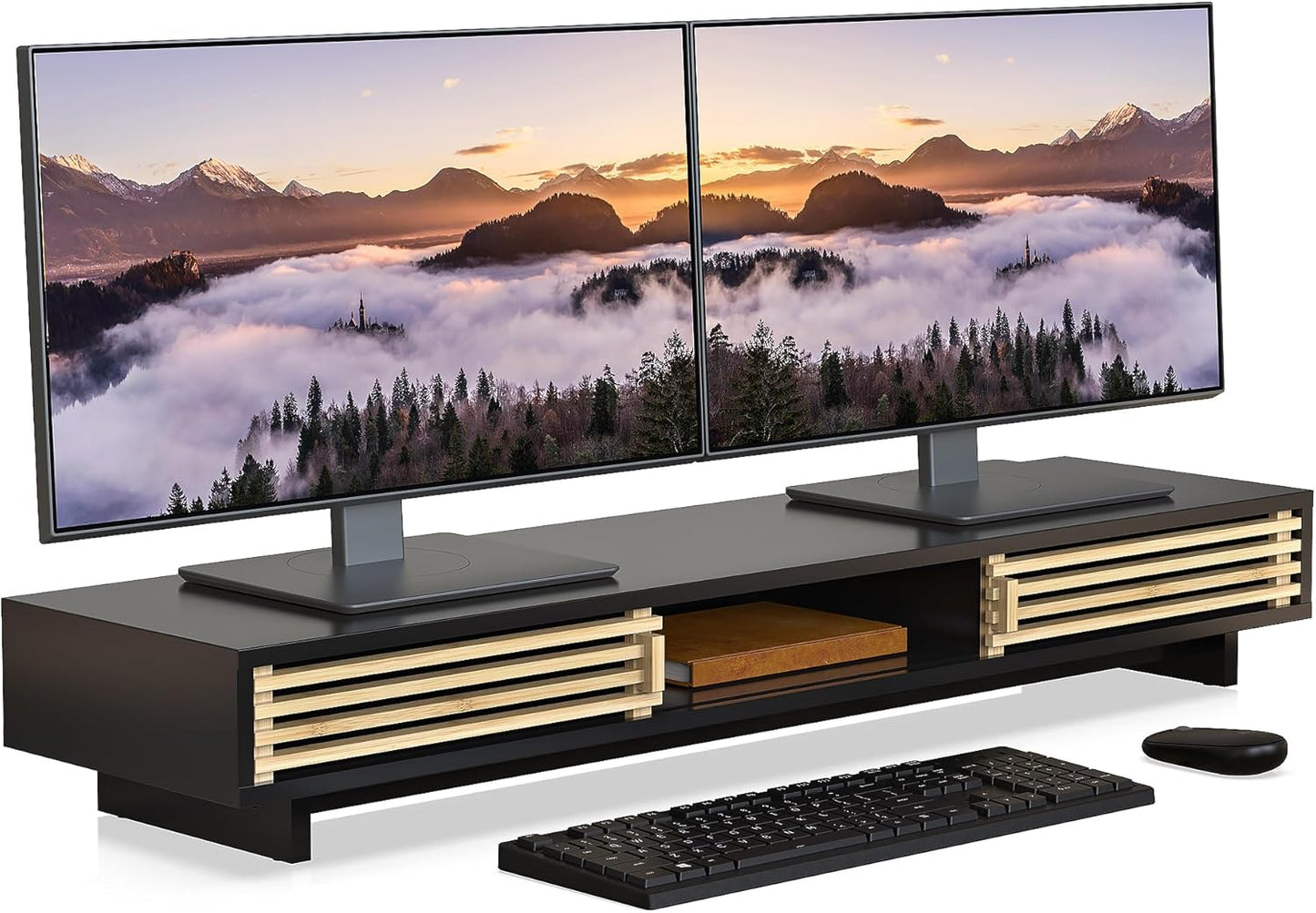 Monitor Stand Riser with Sliding Door, Computer Laptop Stand Desk Shelf Organizer with Storage (Natural Bamboo, 25 Inch)