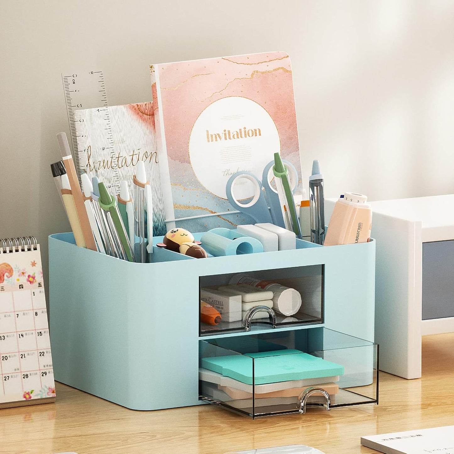 Marbrasse Pen Organizer with 2 Drawer, Multi-Functional Pencil Holder for Desk, Desk Organizers and Accessories with 5 Compartments + Drawer for Office Art Supplies (White)