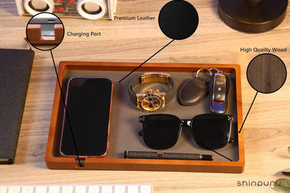 Shinpuru Wooden Valet Tray for Men, Nightstand Organizer with Leather Inlay, EDC Essentials Catchall Tray for Keys, Phone, Wallet, Watch, Earbuds - Bedside Desk Entryway Tray (Wood)
