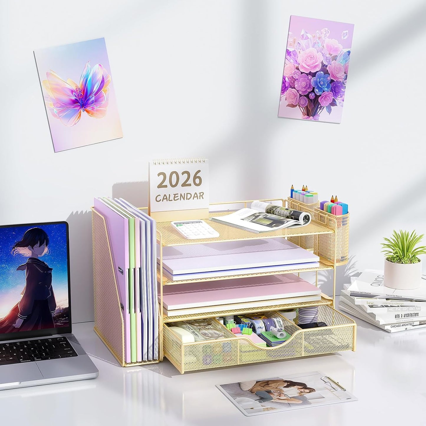 gianotter Desk Organizers and Accessories with File Holder, 4-Tier Desk Accessories & Workspace Organizers with Drawer and 2 Pen Holder, Paper Organizer for Office Supplies (Rose Gold)