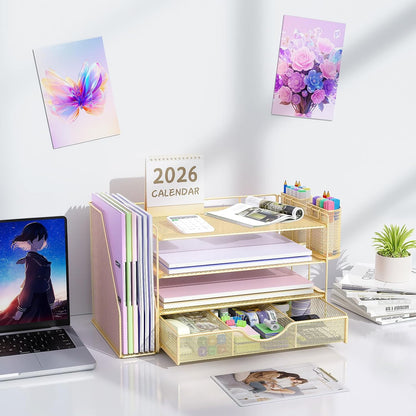 gianotter Desk Organizers and Accessories with File Holder, 4-Tier Desk Accessories & Workspace Organizers with Drawer and 2 Pen Holder, Paper Organizer for Office Supplies (Rose Gold)