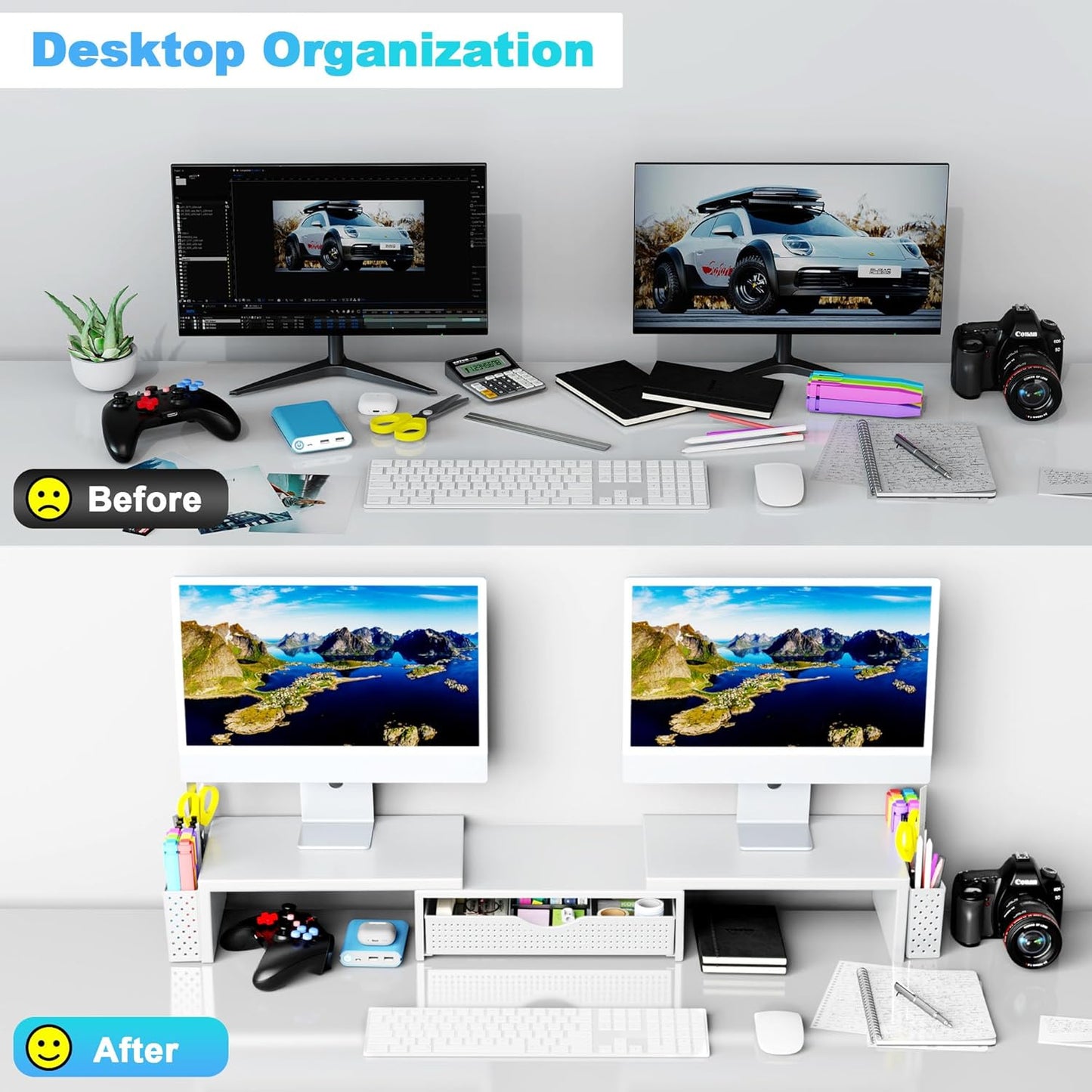 Spacrea Metal Desk Organizers and Accessories, Dual Monitor Stand Riser with Drawer and 2 Pen Holders, Book Racks, Desk Accessories & Workspace Desktop Organizers for Office Supplies (Black)