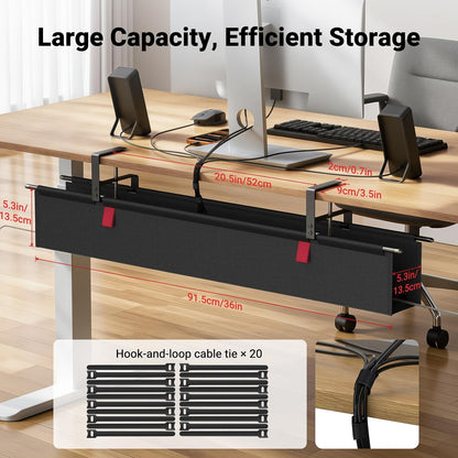 Housolution Under Desk Cable Management Tray, 36'' Longer Cord Management Under Desk, Premium Fabric Cable Storage Organizer, No Drilling Clamp/Screw Mount Cord Organization Tray for Office Home