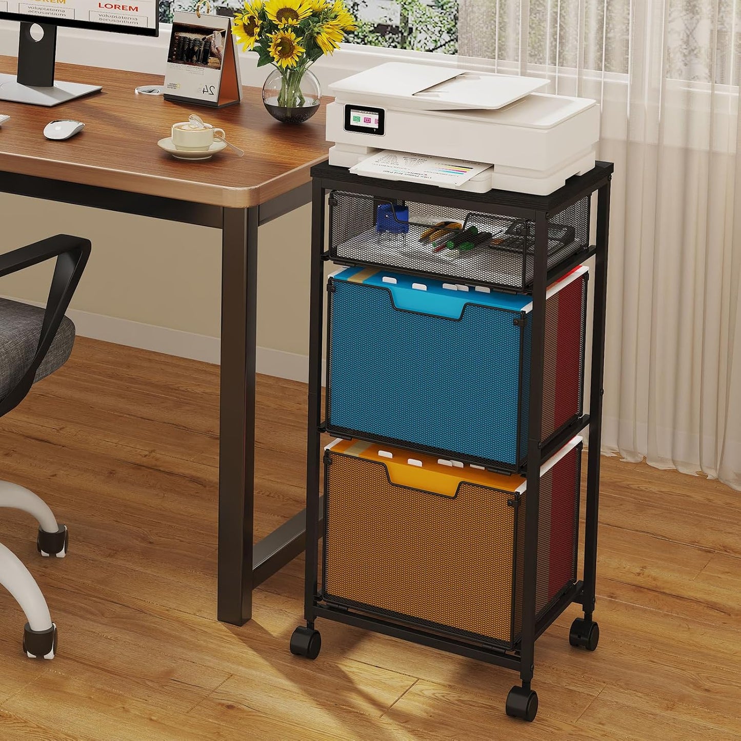 Sbanmao Rolling File Cart with 2 Storage Drawers, Mobile File Cabinet with Wheels, Hanging File Folder Organizer, Under Desk Storage, Printer Stand Utility Cart Filing Cabinet for Home Office,Black