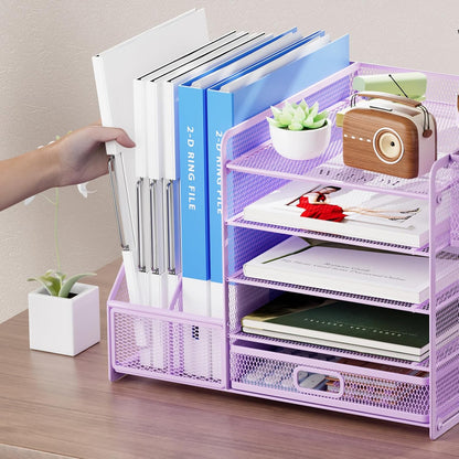 Marbrasse Desk Organizer with File Holder, 5-Tier Paper Letter Tray Organizer with Drawer and 2 Pen Holder, Mesh Desktop Organizer and Storage with Magazine Holder for Office Supplies(Black)