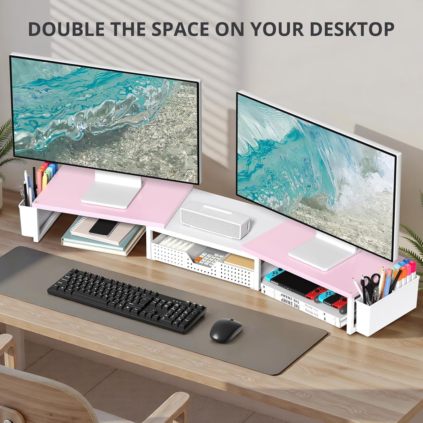 OPNICE Clear Acrylic Desk Organizers and Accessories, Dual Monitor Stand Riser with Drawer, Desk Shelf Computer Racks for Office Workspace Organizers, Desktop Organization (Transparent)