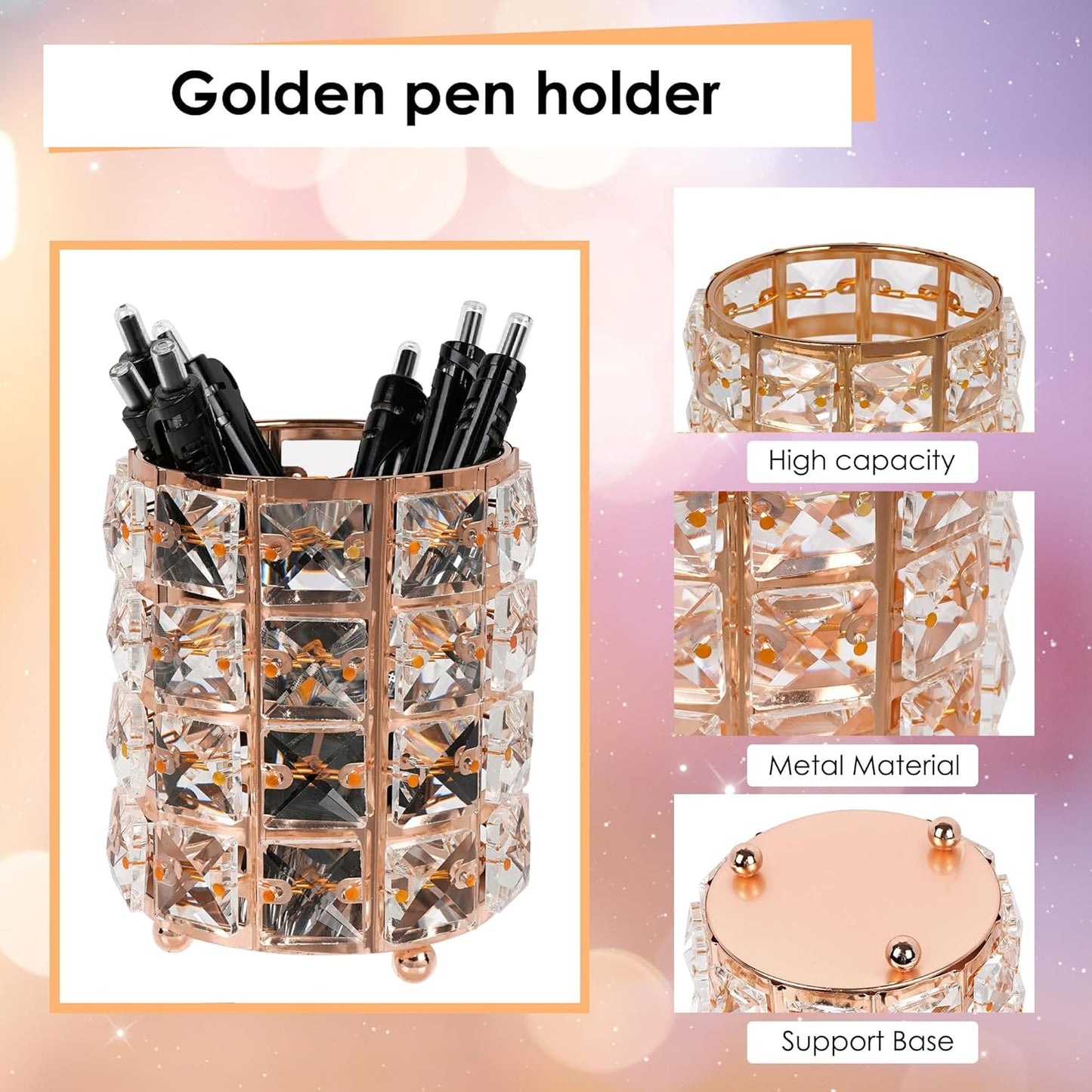 Crystal Pen Holder, Pencil Cups for Desk, Multi-Purpose Desktop Organizer, for Office Writing Desk (Gold)