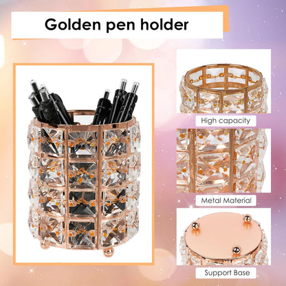 Crystal Pen Holder, Pencil Cups for Desk, Multi-Purpose Desktop Organizer, for Office Writing Desk (Gold)
