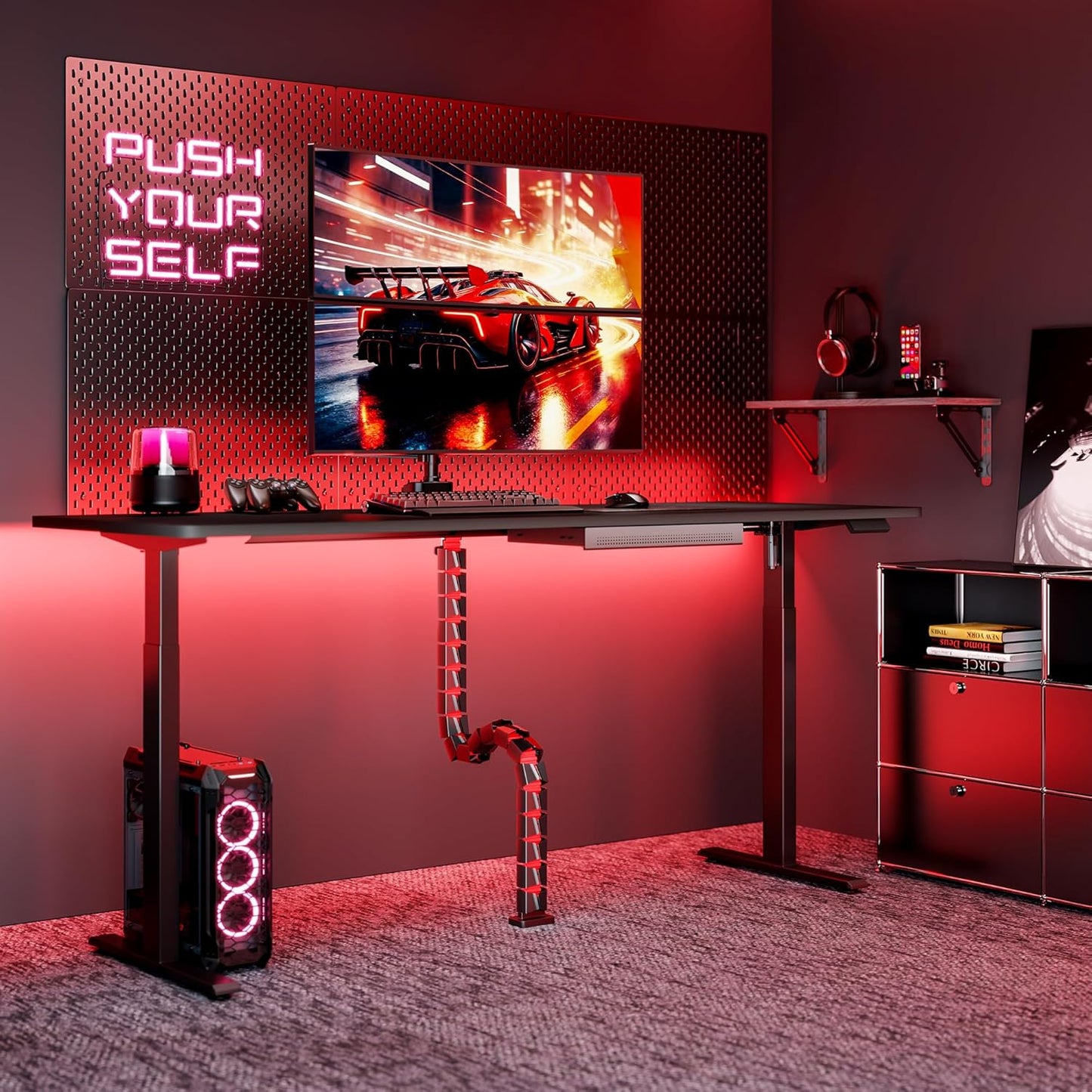 ARES WING Under Desk Cable Management Spine, Magnetic Vertebrae Cable Management for Standing Desk, Length Adjustable Cord Organizer with 20 Modular Vertebrae for Office and Gaming Desks, Red