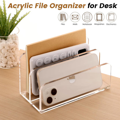 DINGHUO Acrylic Mail Letter File Holder Folder Organizer for Desk, 2 Sections Clear Countertop Small Document Notebook Electronics Desktop Organizer for Office Storage Home School