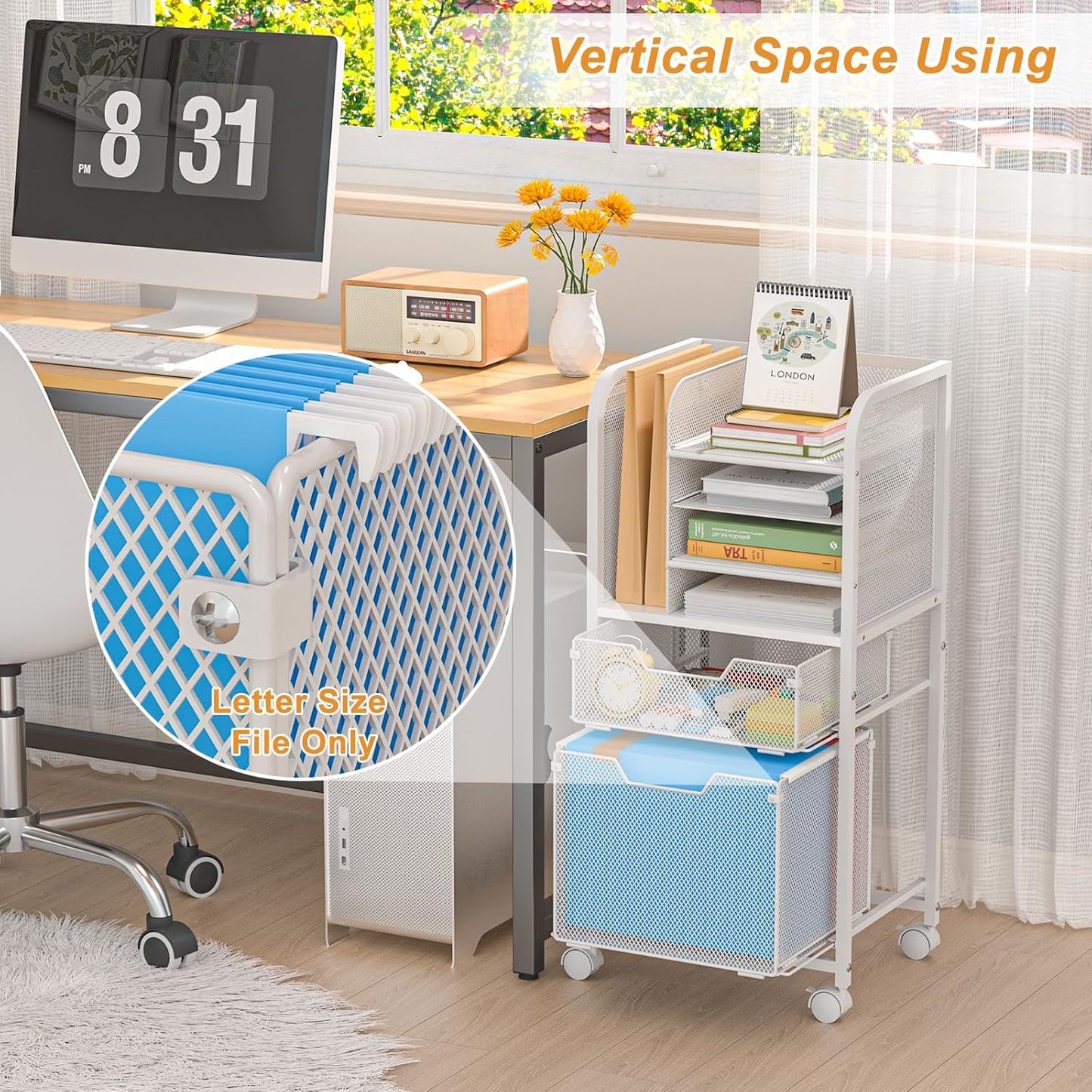 5-Tier Rolling File Cart Under Desk with Drawers, File Cabinet Organizer for Hanging File Folders, Letter-Size File Storage with Wheels, Multi-Layer Mobile Filing Cabinet for Under Desk Storage