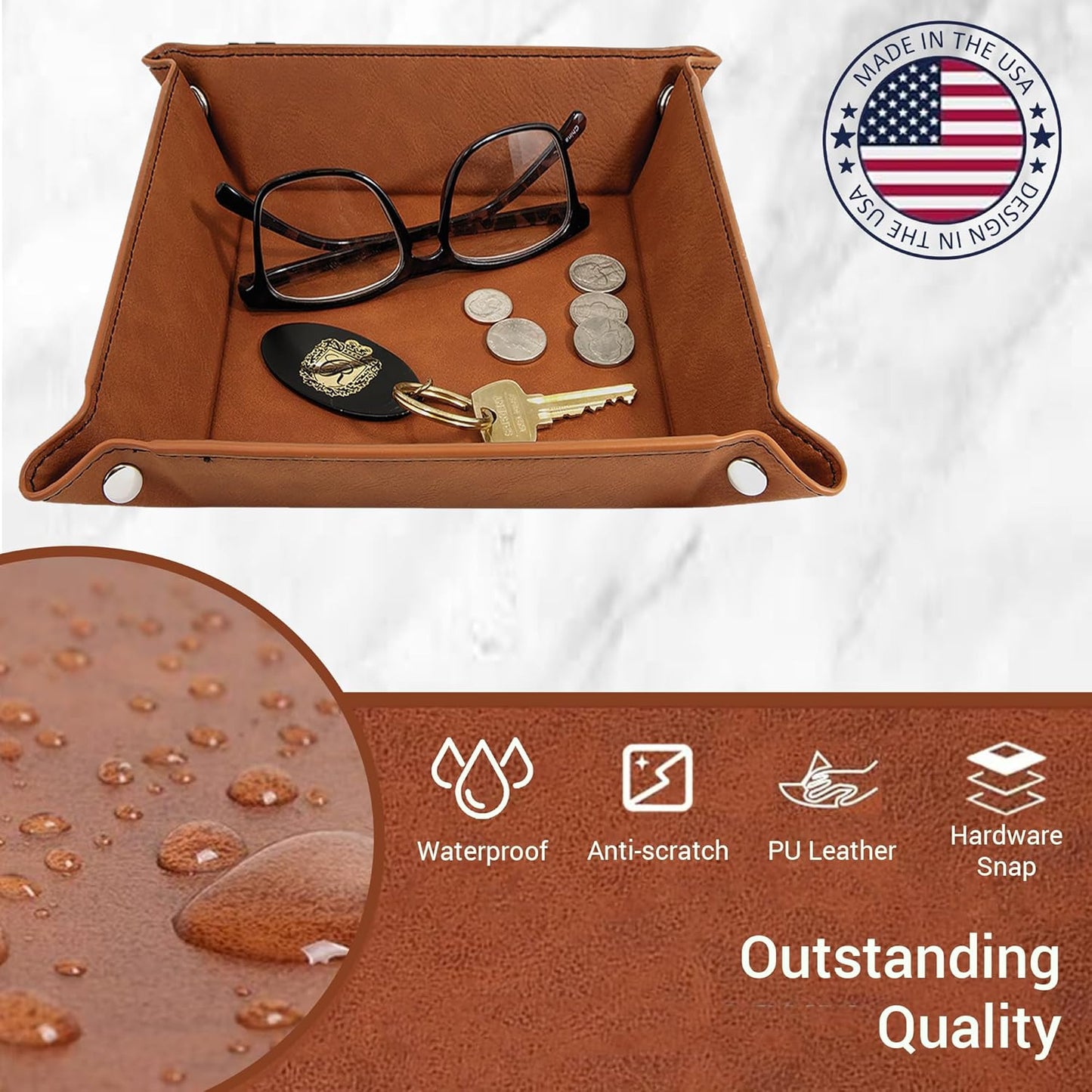 Personalized Valet Trays, Custom Engraved Leather Keys Tray for Men - Catchall Tray Organizer for Entryway Table, Unique Dad Birthday Gift from Daughter Son, Father Day (Custom Text)