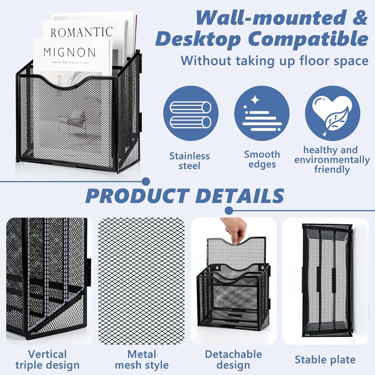 Vertical Triple File Folder Holder 9.8 In Magazine Holder Wall Mount & Desktop 3 Tier Vertical Desk Organizer Pocket File Holder Sorter Magazine Storage Rack For Office Home Organization Wall Door