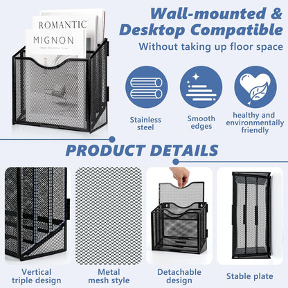 Vertical Triple File Folder Holder 9.8 In Magazine Holder Wall Mount & Desktop 3 Tier Vertical Desk Organizer Pocket File Holder Sorter Magazine Storage Rack For Office Home Organization Wall Door