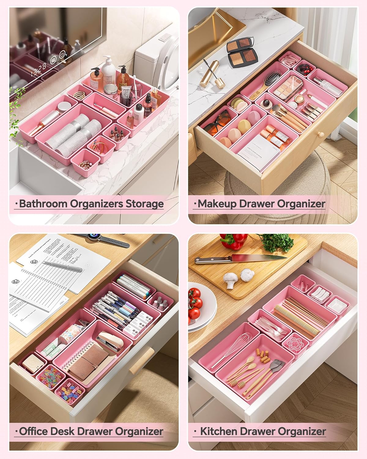 KEMETHY 25 PCS Plastic Drawer Organizers Set, 4 Sizes Vanity Organizer, Makeup and Desk Drawer Organizer Trays, Organization and Storage for Makeup, Bathroom, Kitchen Utensils and Office (Black)
