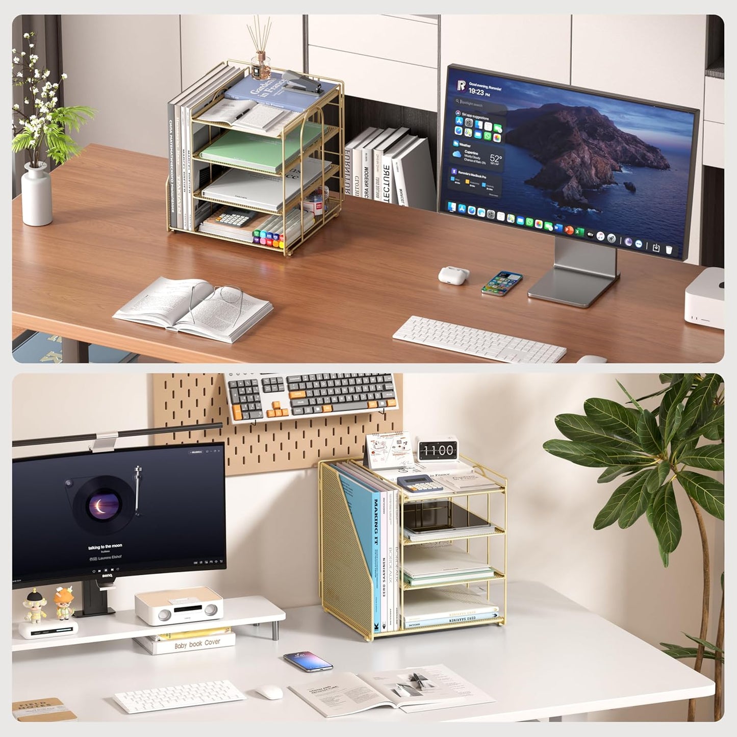 Desk Organizer, 4-Tier Metal File Organizer for Desk with Vertical File Holder, Office Accessories and Desktop Storage for Office Supplies (Black)