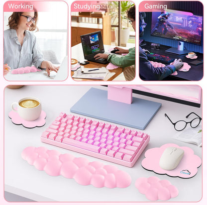 Sushret Cloud Wrist Rest for Computer Keyboard, 4-in-1 Memory Foam Leather Cloud Keyboard Wrist Rest and Mouse Pad Set with Ergonomic Support for Arm and Palm Cushion, Gaming/Work Setup, Rainbow