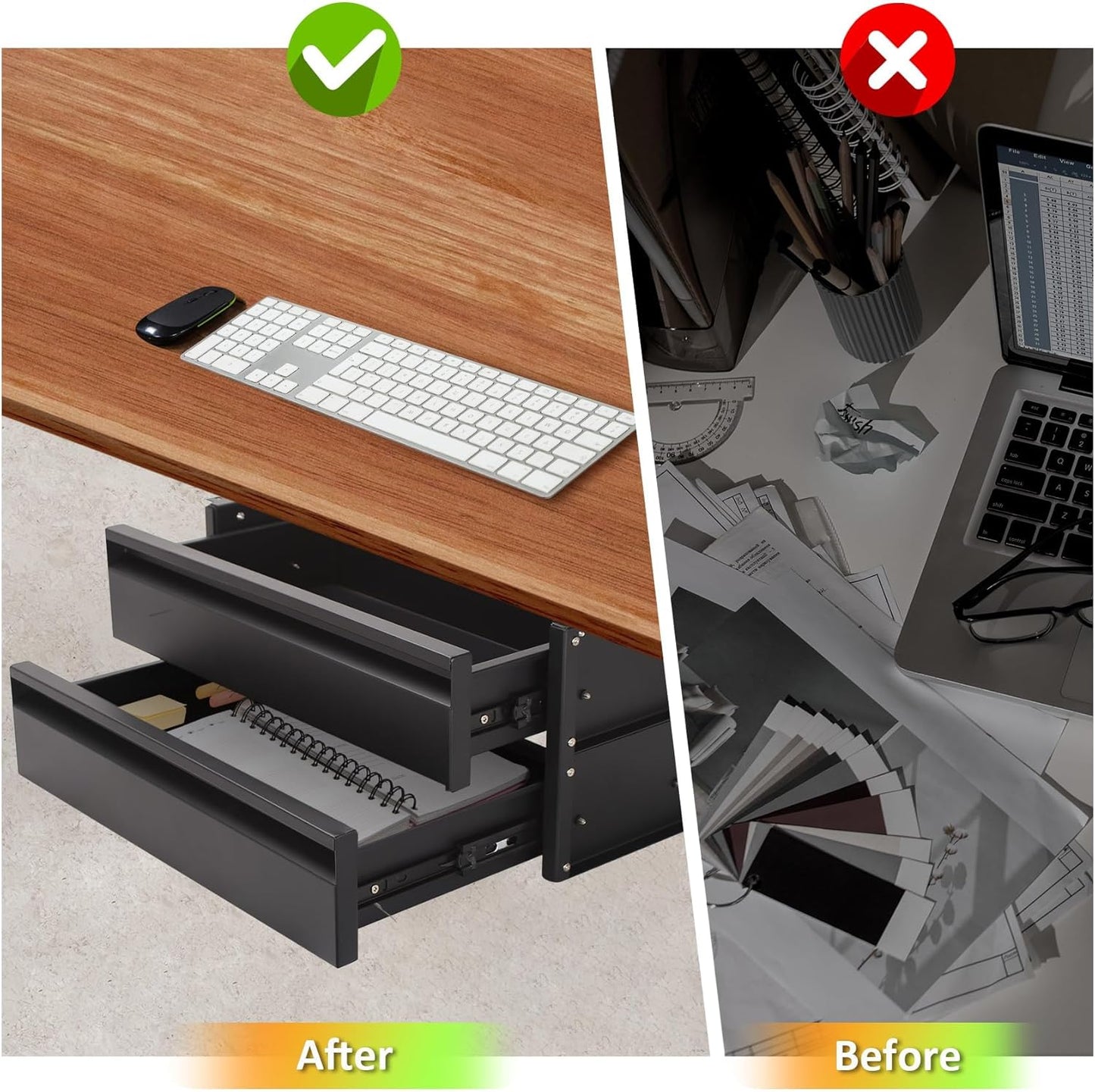 POPMOON 13.8 in Under Desk Drawer For Desk, Pull out Storage Organizer with Slide Extension Mounted Under Flat Wooden Table or Workbench, Carbon Steel Undermount Drawer,Black