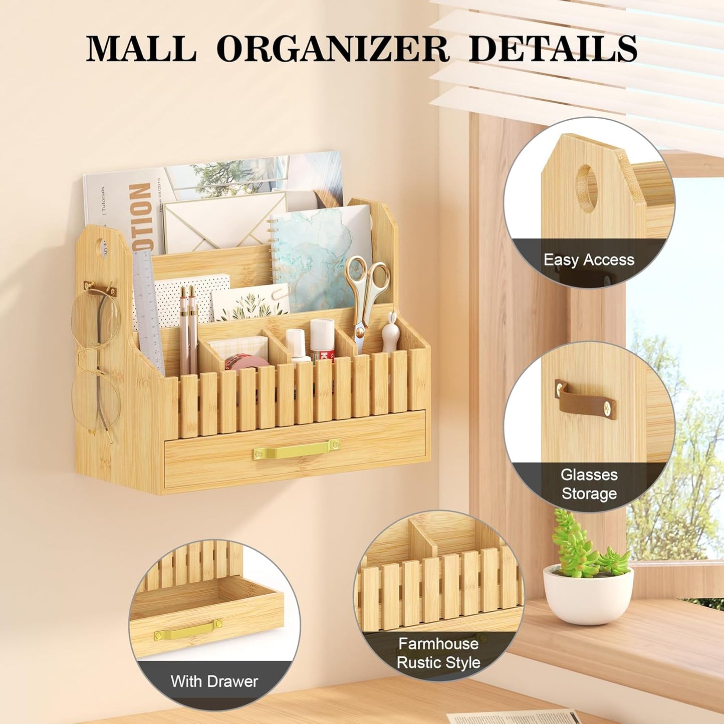Bamboo Mail Organizer Countertop with Drawers, Wood Desk File Organizer Desktop Paper Organization Storage Bill & Letter Sorter Holder for School Home Office Supplies, No Assembly Required (Nature)