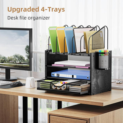 Marbrasse Desk Organizer with Drawer, 4-Tier Mesh File Organizer with 5 Vertical File Holders and 2 Pen Holders, Multifunction Desktop Organizer,Desk Organizers and Accessories for Home Office