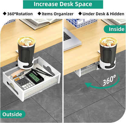 CABTE Desk Cup Holder with Drawer Organizer, Anti-Spill Clip-On Table Cup Hook with 360° Rotation Hidden Storage Box for Office Home Gaming Table (Black)
