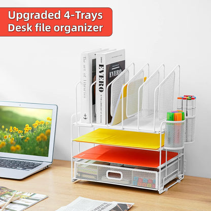 Marbrasse Desk Organizer with Drawer, 4-Tier Mesh File Organizer with 5 Vertical File Holders and 2 Pen Holders, Multifunction Desktop Organizer,Desk Organizers and Accessories for Home Office