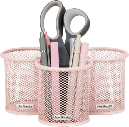Mind Reader Pen and Accessories Holder, Desktop Organizer, Office, Metal Mesh, 3.5"L x 3.5"W x 3.75"H, Set of 3, Black