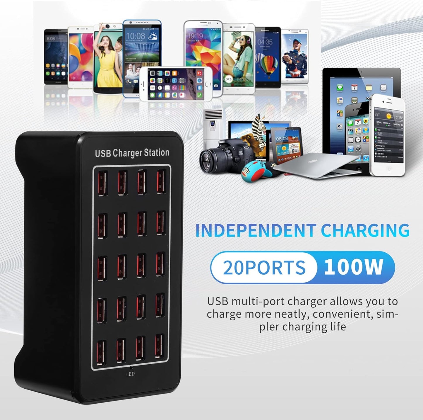 100w 24(20A) Port, USB Fast Charging Station,Travel Desktop USB Rapid Charger,Multi Ports Charging Station Organizer Compatible with Smartphones,Tables,and More Devices