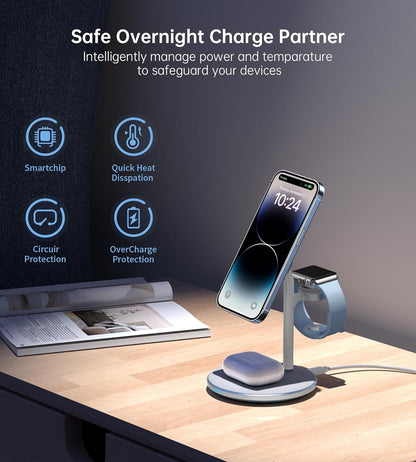 XooFly 3 in 1 Wireless Charging Station for Apple Devices, Fast Wireless Mag-Safe Charger Stand with 20W Adapter for iPhone 17 16 15 14 13 12 Pro Max/Air/Plus/Pro,iWatch,AirPods-Gift for Wife&Husband
