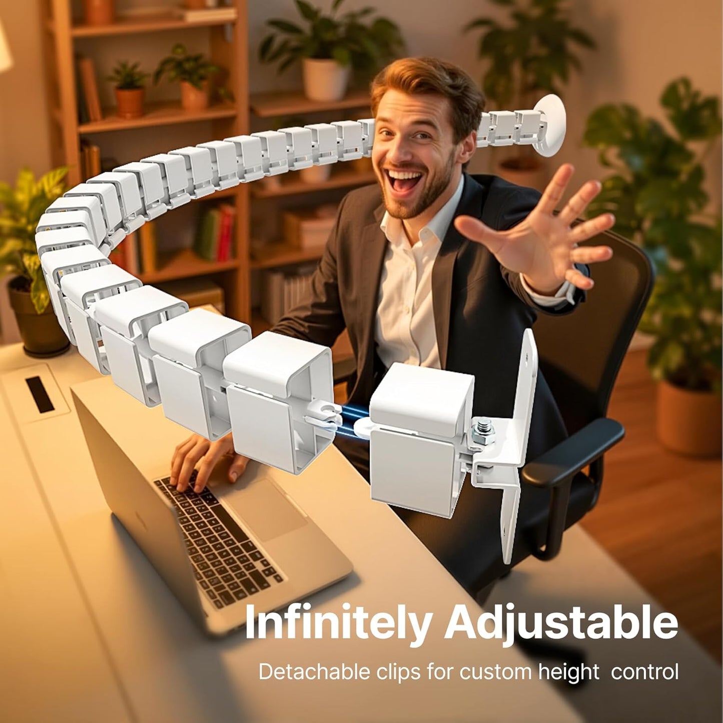 PEGZONE Under Desk Cable Management Spine – Flexible Cable Snake Organizer for Standing Desk, Tool-Free Magnetic Vertebrae Wire Management for 0.4"-2" Table, White
