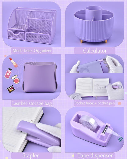 Purple Desk Accessories and Organizers with Desk Organizer and 360°Rotating Pen Holder stapler Pen and a Lot of Office Purple Office Supplies Beautifully Presented in a Gift Box