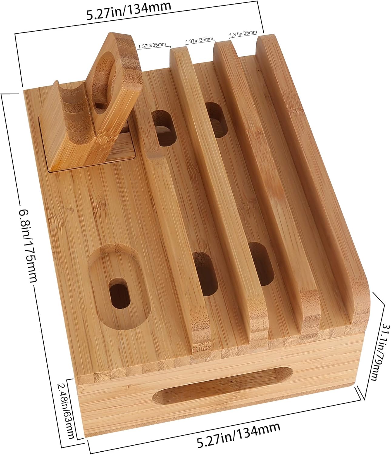 Bamboo Wood Desktop Organizer Charging Docking Station Charger Holder Cradle Charge Stand compatible with iPhone 16 15 Pro Max iPad Apple Watch Ulrta 10 9 8 7 6 5 4 iWatch AirPods Pro 2 3 4 Smartphone