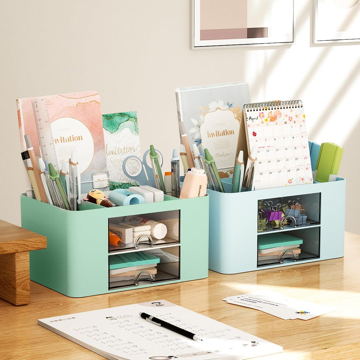 Marbrasse Pen Organizer with 2 Drawer, Multi-Functional Pencil Holder for Desk, Desk Organizers and Accessories with 5 Compartments + Drawer for Office Art Supplies (White)