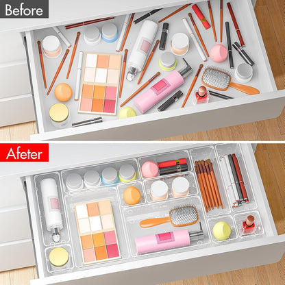 Clear Plastic Drawer Organizers Set of 45 Vanity trays Stackable Storage Bins Dividers Bathroom Organiser Storage Vanity Bins for Makeup, Kitchen Utensils, Jewelries, Office
