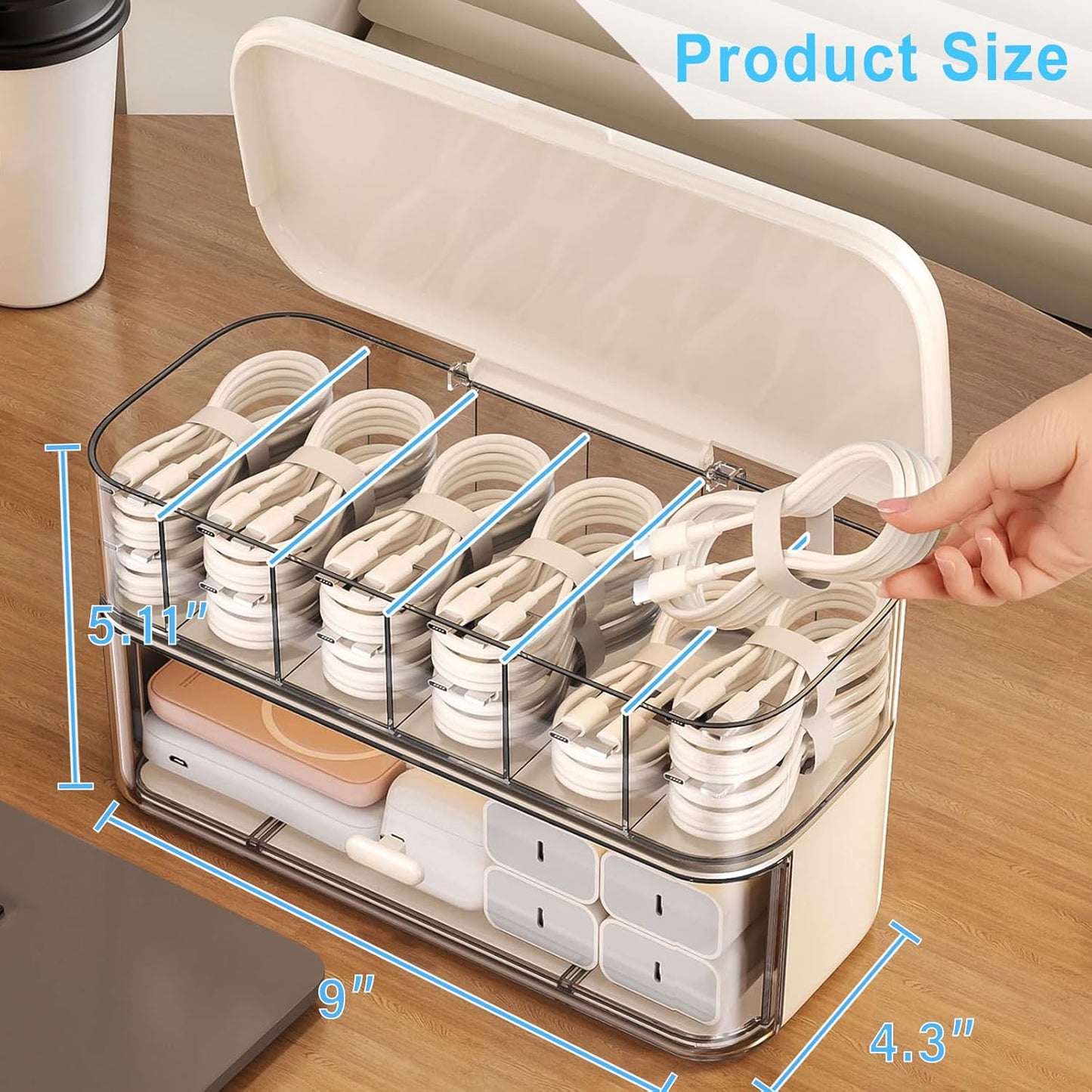 RayHenry 2 PCS Stackable Cable Organizer Storage Box, Desktop Cord Management Box for Chargers, Jewelry, Hair Ties, Cables, Desk Organizer with Drawer