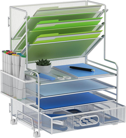 MINDEPOT 4-Tier Paper Organizer + 3-Pocket File Holder + Drawer + Pen Holders, Desktop File Organizers Paper Tray for Office Accessories School Classroom Organization (Black)