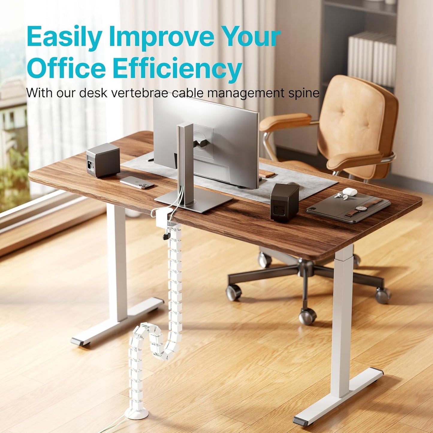 PEGZONE Under Desk Cable Management Spine – Flexible Cable Snake Organizer for Standing Desk, Tool-Free Magnetic Vertebrae Wire Management for 0.4"-2" Table, White