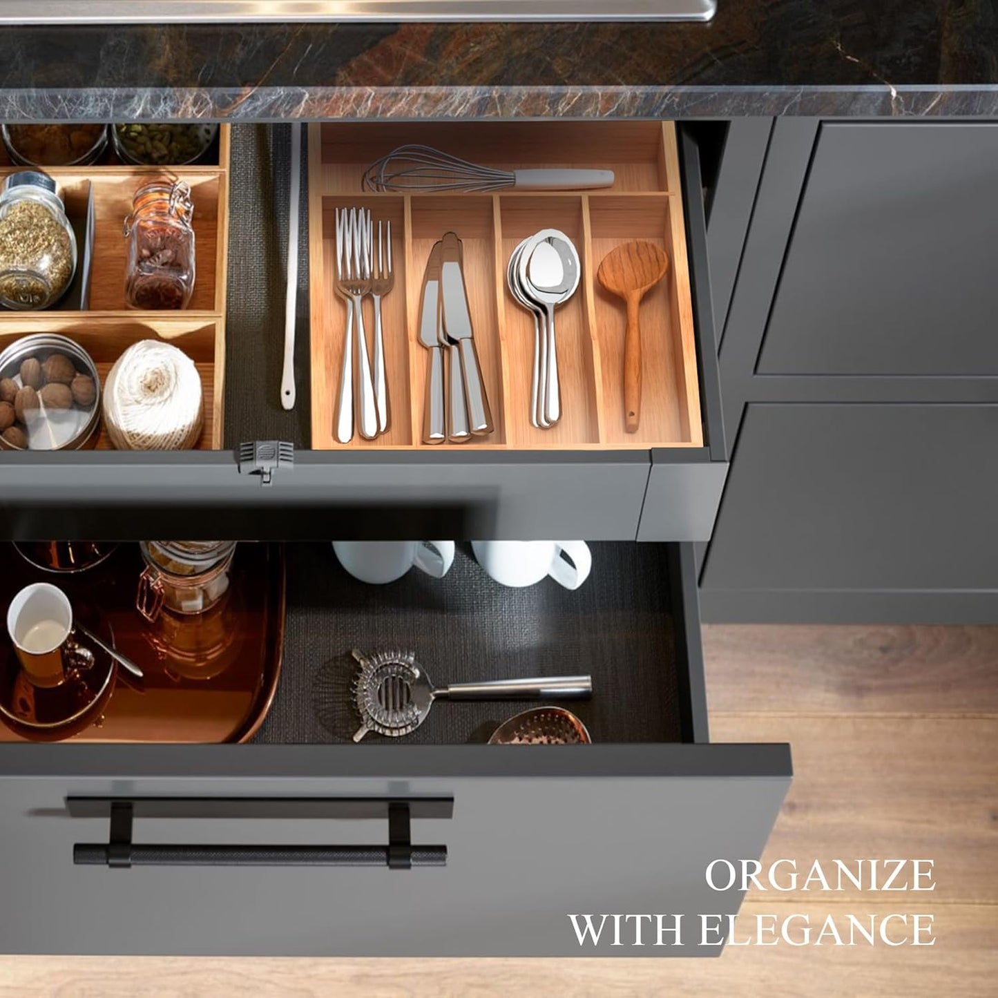 Small Silverware Organizer, Bamboo Kitchen Drawer Organizer, Utensil Holder, Cutlery Tray & Spoon Flatware Storage with Grooved Drawer Dividers (6.7''W x 12''D)