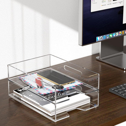 HIIMIEI Acrylic Paper Tray 2 Pack Clear Letter Tray Desk Stackable Organizer for School, Home, Office - Horizontal