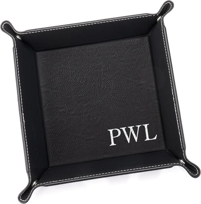 Lifetime Creations Monogrammed Valet Tray for Men (Brown) - Personalized Vegan Leather Catch All, Nightstand Desktop Desk Organizer for Coins, Keys, Watch