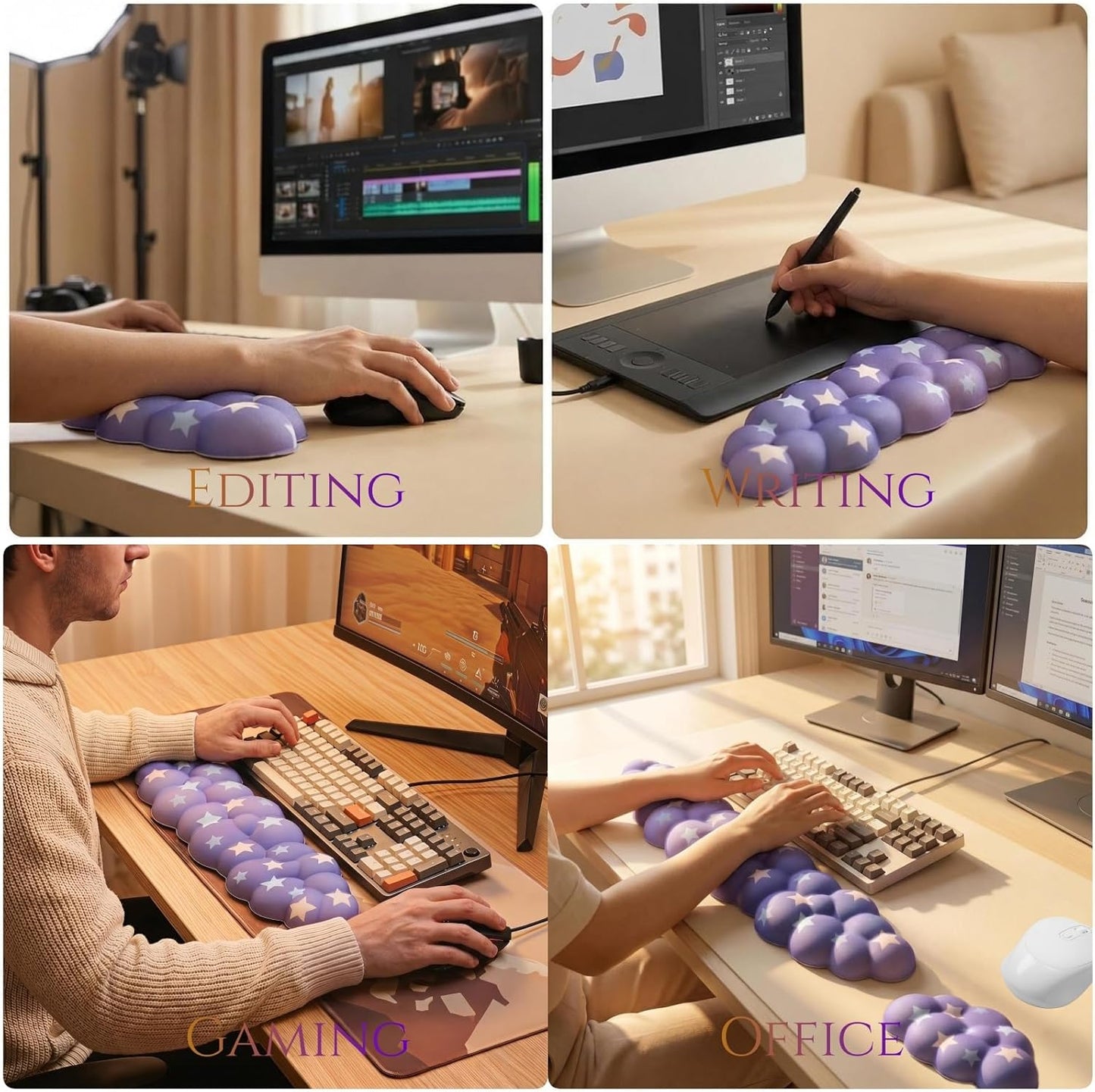 Cloud Wrist Rest Set for Keyboard and Mouse, Includes Cute Coaster, with Computers and Laptops（Purple Star Set）